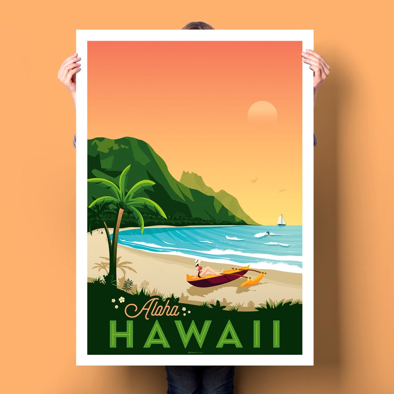 Lettered Hawaii print in orange tones with green and blue accents
