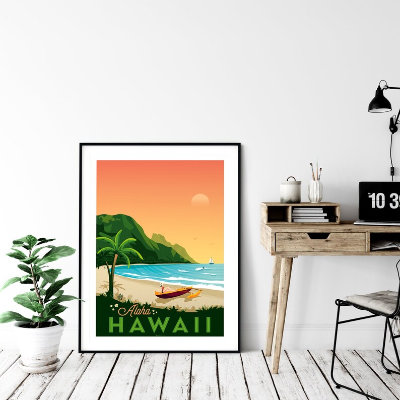 Hawaii Print Honolulu Vintage Poster Maui Beach Landscape Etsy