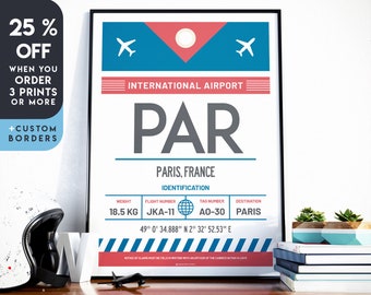 Paris France Airport Tag Print, Paris France Travel Poster, Paris Airport Code, Paris Wall Art, Paris Souvenir, France Souvenir, Home decor