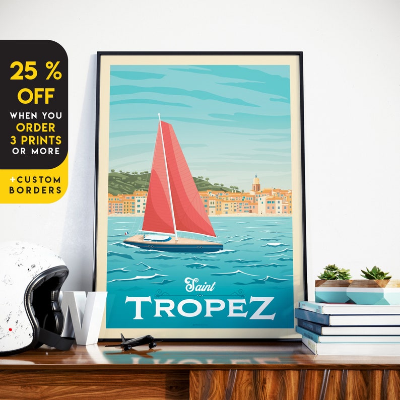 St Tropez Print, France Print, Beach Print, French Riviera Print, Europe Travel Gift, Wall Decor, Travel Poster, Housewarming, Birthday Gift image 1
