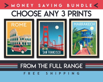 Reisposter | Set van 3 prints | Minimalistische landschapsmuurkunst | Vintage muurkunst skyline stad | Strand tropisch surfen | Woondecoraties | Cadeau
