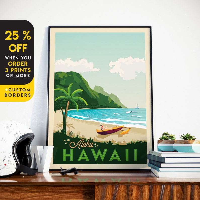 Hawaii Print, Honolulu Print, Waikiki, Surf Print, United States Print, Travel Gift, Travel Poster, USA Print, Housewarming, Birthday Gift image 1