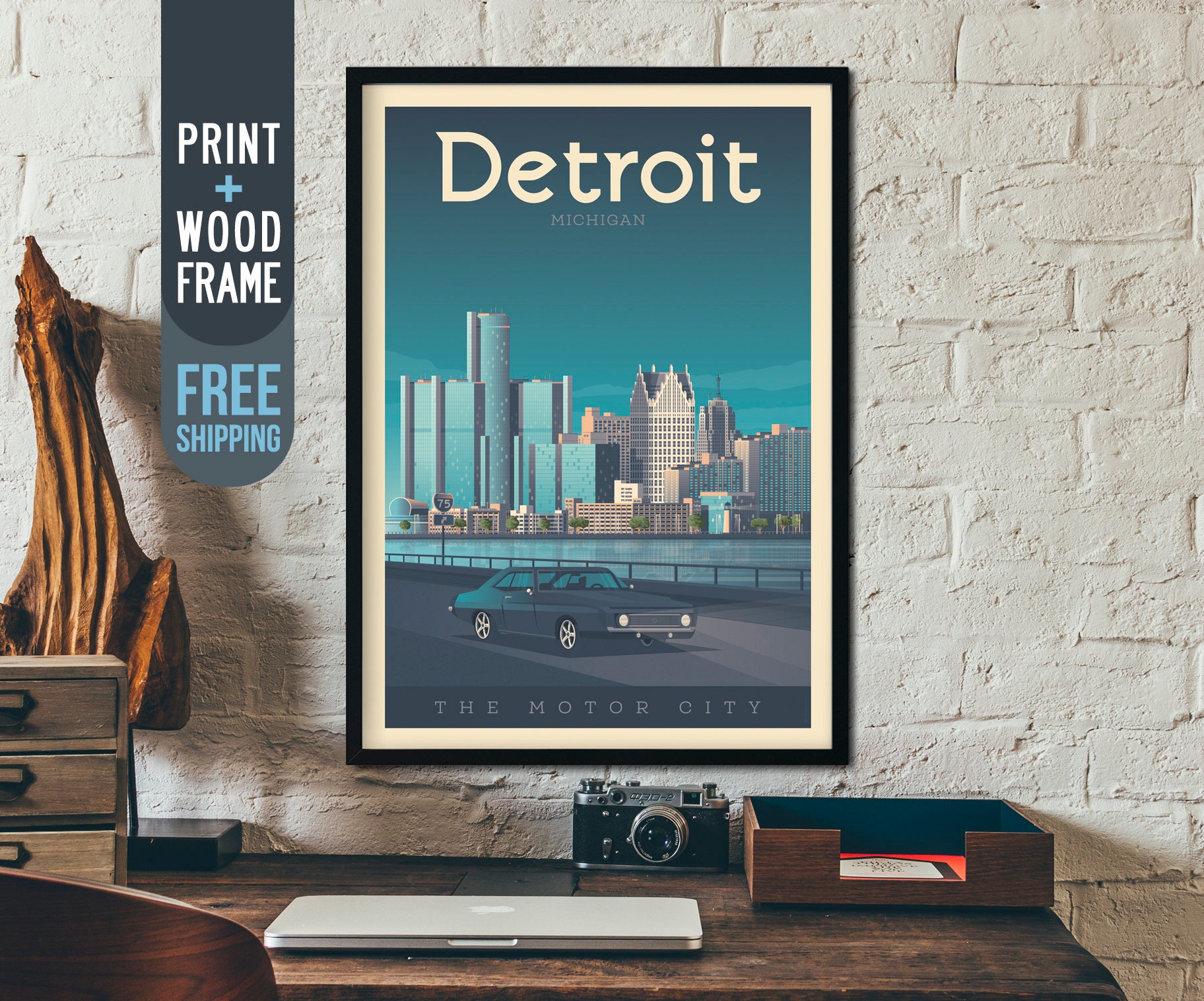 Detroit Michigan Vintage Travel Poster Usa Framed