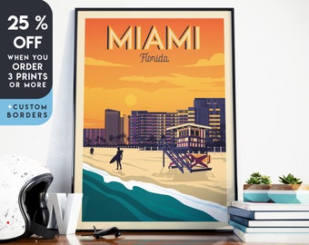 Miami print, Miami Beach poster, Florida wall art, Surf Print, Miami Skyline, Tropical Beach Decor, Travel poster, travel Gift, Home decor