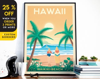 Hawaii Print, Honolulu Print, Waikiki, Surf Print, United States Print, Travel Gift, Travel Poster, USA Print, Housewarming, Birthday Gift