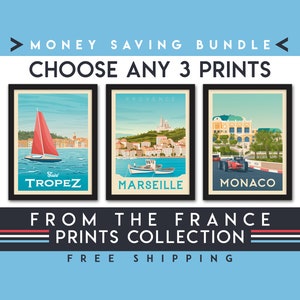 France Travel Poster | Set of 3 Prints | Minimalist Landscape Wall Art | City Skyline | Beach Surf Ocean Nautical Sail | Home Decor | Gift