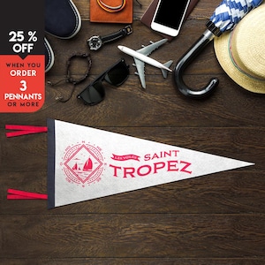 Fanion en feutre Saint Tropez France | Fanion en feutre côtier | Bannière drapeau | Style rétro vintage | Bannière murale | Décoration murale | Cadeau de voyage