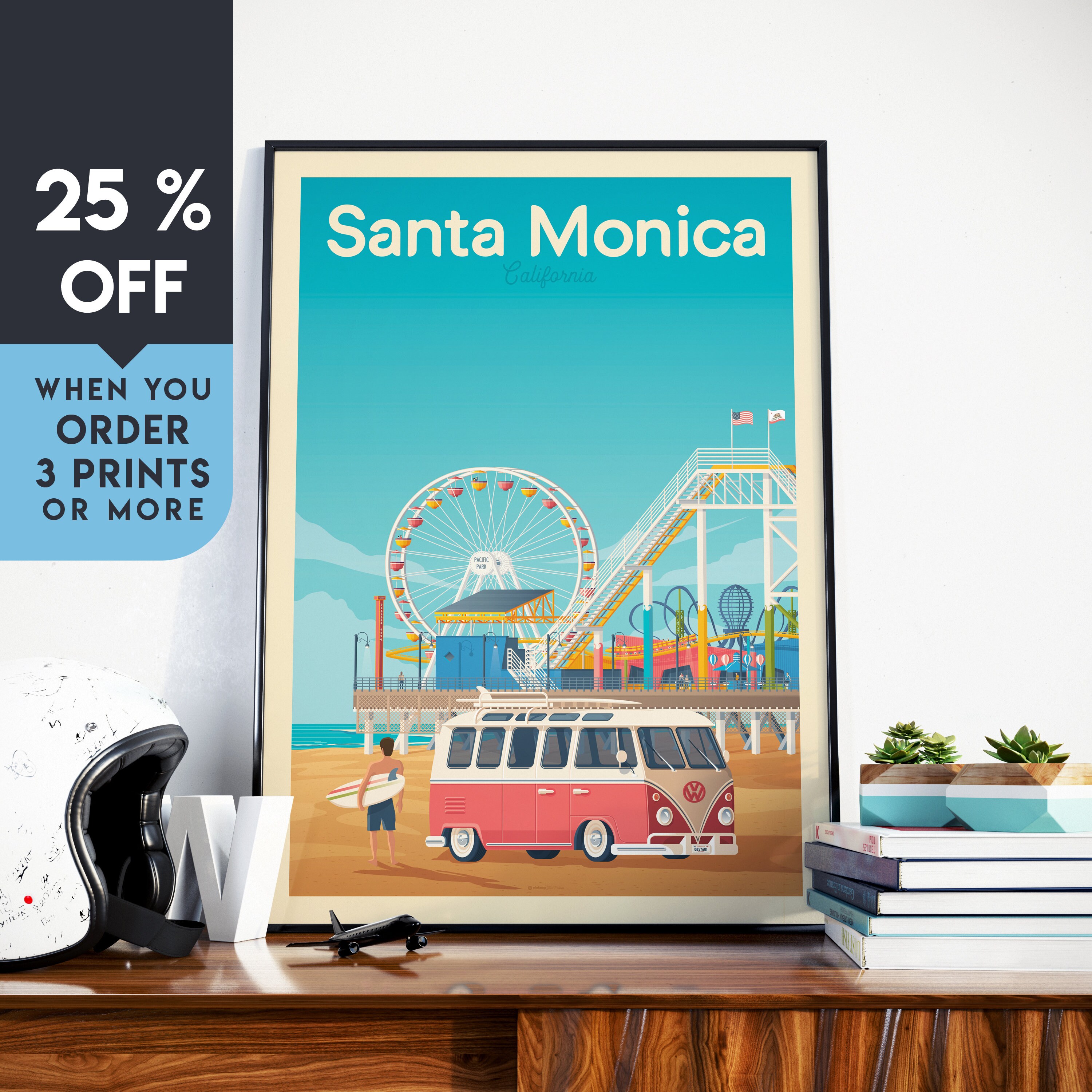 Santa Monica Vintage Travel Poster Wall Art Print Minimalist