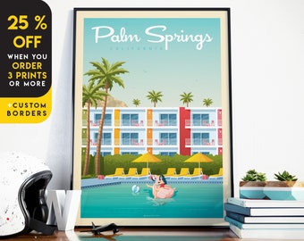 May include: A retro-style illustration of a Palm Springs motel with a swimming pool and a woman floating on a flamingo pool float. The text "Palm Springs, California" is at the top of the image.