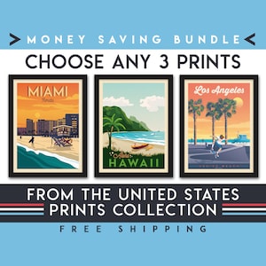 United States Travel Poster | Set of 3 Prints | Landscape Wall Art | Colorful City Illustration | Architecture Beach | Home Decor | Gift