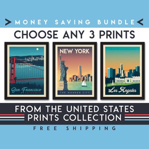 United States Travel Poster | Set of 3 Prints | Minimalist Landscape Wall Art | City Skyline | Money Saving Bundle | Home Decor | Gift