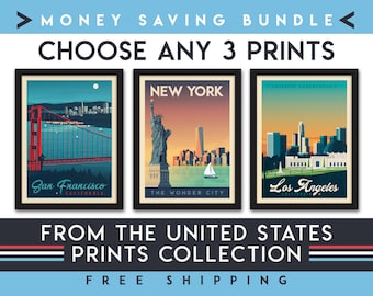 United States Travel Poster | Set of 3 Prints | Minimalist Landscape Wall Art | City Skyline | Money Saving Bundle | Home Decor | Gift
