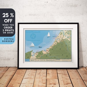 Basque Country Map Print | France Vintage Travel Poster | Biarritz | Anglet | Bayonne | Hendaye | Saint Jean de Luz | City Wall Art | Gift