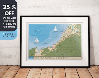 Basque Country Map Print | France Vintage Travel Poster | Biarritz | Anglet | Bayonne | Hendaye | Saint Jean de Luz | City Wall Art | Gift