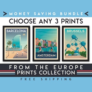 Europe Travel Poster | Set of 3 Prints | Minimalist Landscape Wall Art | City Skyline | Money Saving Bundle | Home Decor | Gift
