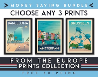 Reisposter Europa | Set van 3 prints | Minimalistische landschapsmuurkunst | Skyline van de stad | Geldbesparende bundel | Woondecoraties | Cadeau