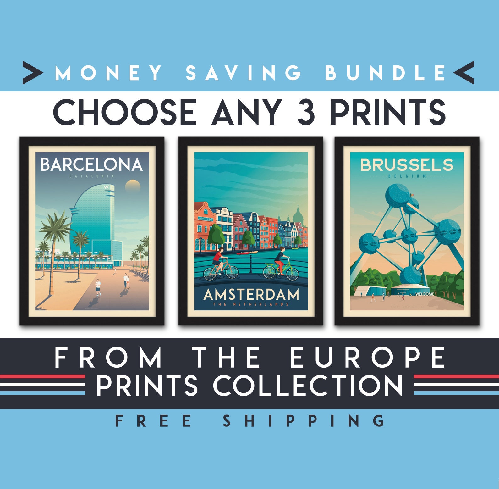Europe Travel Poster Set of 3 Prints Minimalist Landscape Etsy