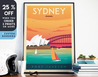 Sydney Australia Art Print | Vintage Travel Poster | Opera House | Coastal | City Skyline | Mid Century Modern Wall Art | Home Decor Gift
