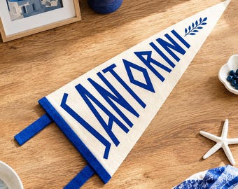 Santorini Vintage Felt Pennant Flag | Vintage Beach Travel Art, Coastal Wall Hanging, Ocean Lover Gift, Vacation Home Decor, Beach Decor