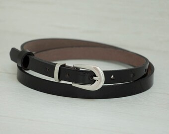 Leather Belt, Black Patent Leather Belt, Black Patent Leather Womens Belt, Skinny Belt, Thin Belt, Dress Belt