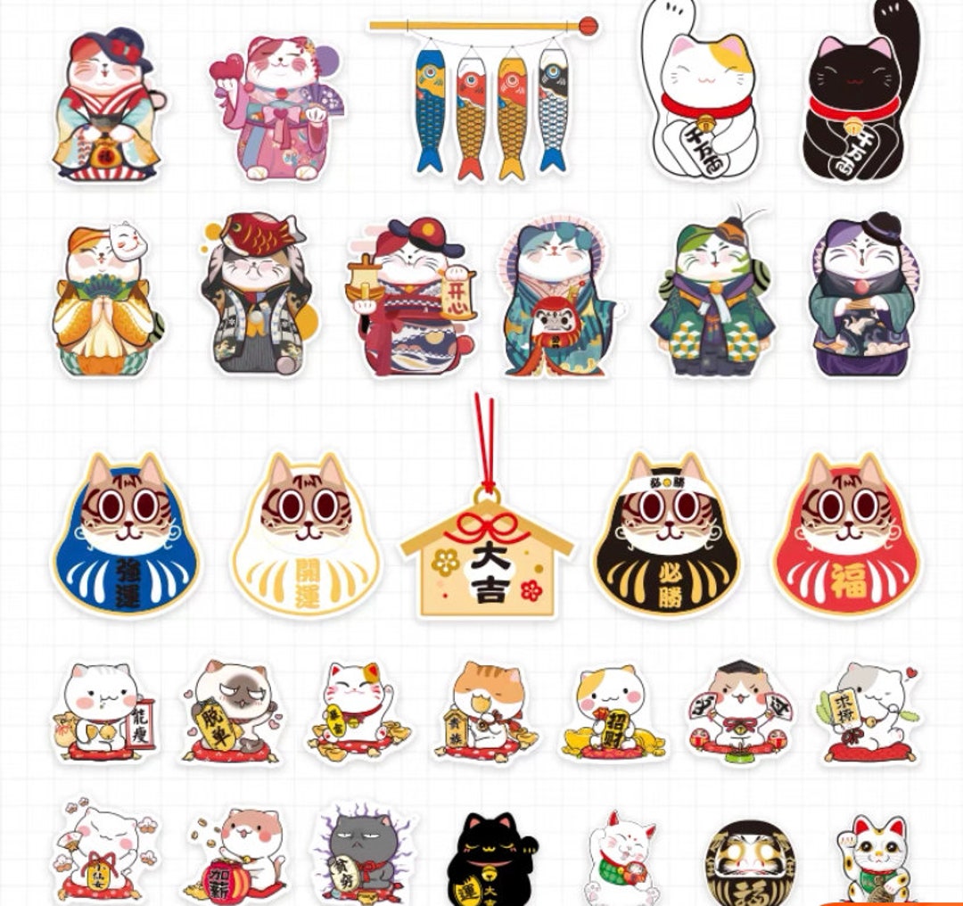 14 Japanese Art Stickers, Japan Lucky Stickers, Fortune Cat Stickers