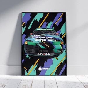 May include: Framed poster featuring a stylized illustration of a race car with a vibrant teal, purple, and black color scheme. The car has the text "HKS SUPER OIL" and "ADVAN". The background has diagonal lines and the text "GRAPHICS AUTOMOTIVE ART".