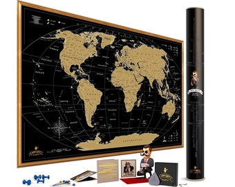XXL World Scratch off map Black Gold Wall Poster with US States 35x25 Inches, Includes Pins, Buttons and Scratcher Glossy MyMap gift for him
