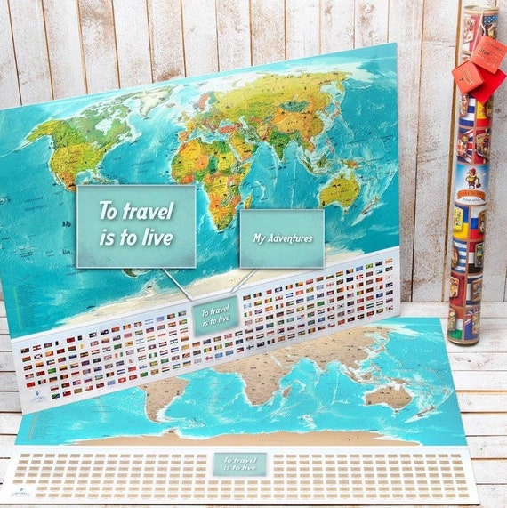 Big size World scratch maps with National Flag, Deluxe Scratch