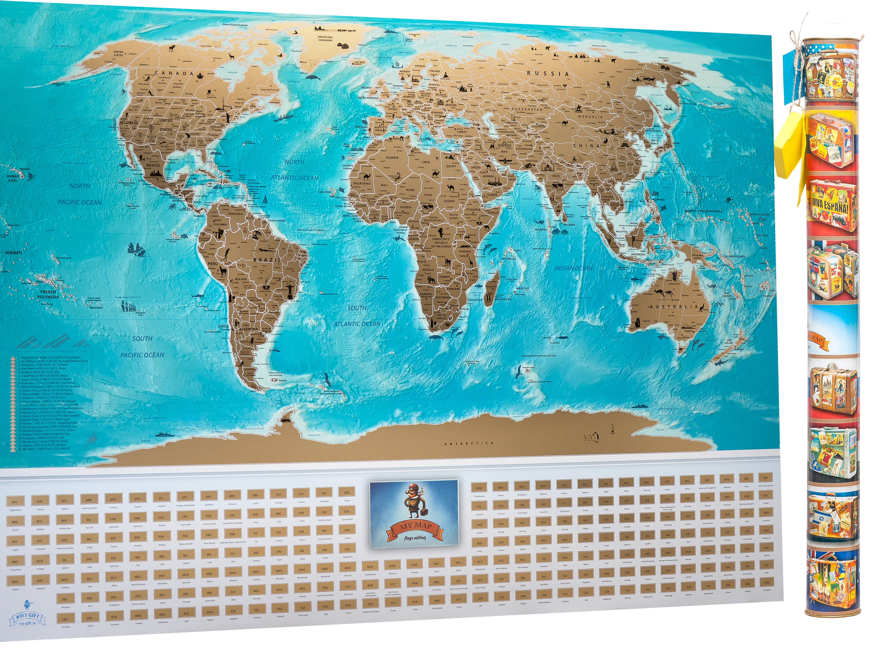 Big size World scratch maps with National Flag, Deluxe Scratch