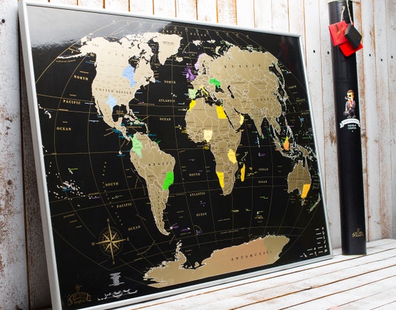 XXL World Scratch off Map Christmas Gift Large Gift Black Gold Travels  World Travel Map Push Pin Map Silver Housewarming Gift Wanderlust 