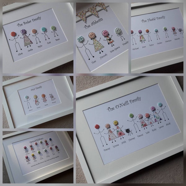 Personalised Unique Handmade Family Button Picture. A4 print only. Up to 18 people/animals