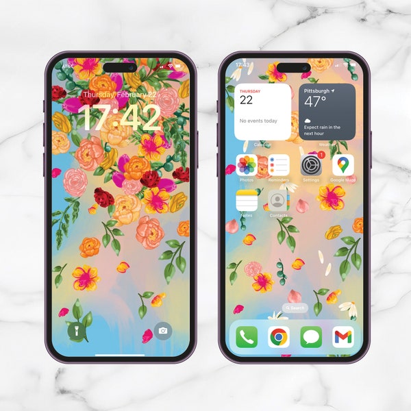 Set of 4 Phone Wallpaper |  Floral Illustrated Background |  Flower Lock Screen