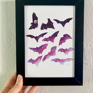 Bats at Dusk Art Print - 5x7 Dreamy Spooky Wall Art - Halloween Bat Sky Drawing