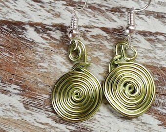 Green spiral earrings, aluminium wire drop earrings, hypo allergenic sensitive earrings, handcrafted light celtic style earrings for women,