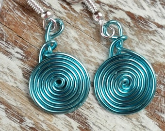Sky blue spiral earrings, aluminium wire drop earrings, hypo allergenic sensitive earrings, handcrafted light weight earrings for women,