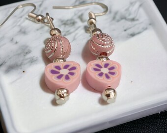 Pale pink pair of dangly earrings suitable for pierced ears only, gift of love, jewellery for women