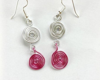 Pink and silver spiral wire earrings, hypoallergenic ear wires, lightweight dangly earrings, made in Cornwall, suitable for all, beach vibes