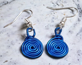 Lightweight blue spiral earrings, colourful fun jewellery, made in Cornwall, handcrafted wire earrings for women