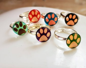 Childrens adjustable ring, paw print ring, colourful kids ring, girls stocking filler gift, small round ring, dog and cat lovers gift,