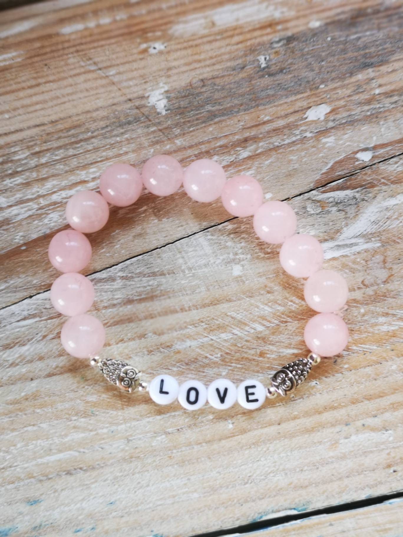 Rose Quartz Love Bracelet, Silver Owl Beads, Fifth Anniversary Gift