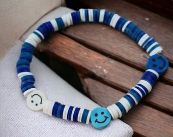 Blue and white stretchy bracelet, a gift for mum or dad, anniversary gift, beaded cuff bracelet