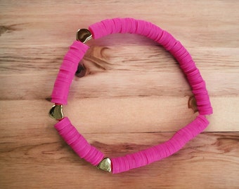 Summer bright pink fun clay bead bracelet suitable for all ages, beach and party wear, made in Cornwall, quirky heart bracelet