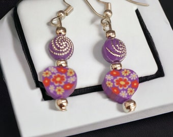 Cute purple pair of dangly earrings suitable for pierced ears only, gift of love, jewellery for women