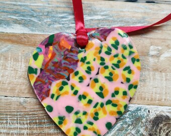 Polymer clay bright heart with ribbon, wall decor, hearts for friends, a lovers heart, unusual unique design, lightweight and ready to hang