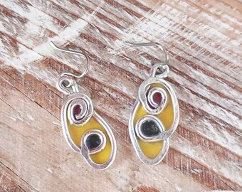 Unusual colourful stain glass effect earrings for all occasions, a wonderful pair of unique drop earrings for women to be given as gifts.