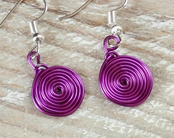 Purple spiral earrings, aluminium wire drop earrings, hypo allergenic sensitive earrings, handcrafted light weight style earrings for women,