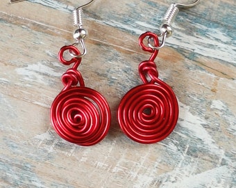 Red spiral earrings, aluminium wire drop earrings, hypo allergenic sensitive earrings, handcrafted light celtic style earrings for women,