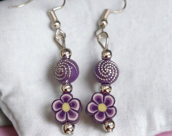 Purple flower beaded drop earrings with silver plated tops, suitable for pierced ears only, flower dangly earrings, floral jewellery