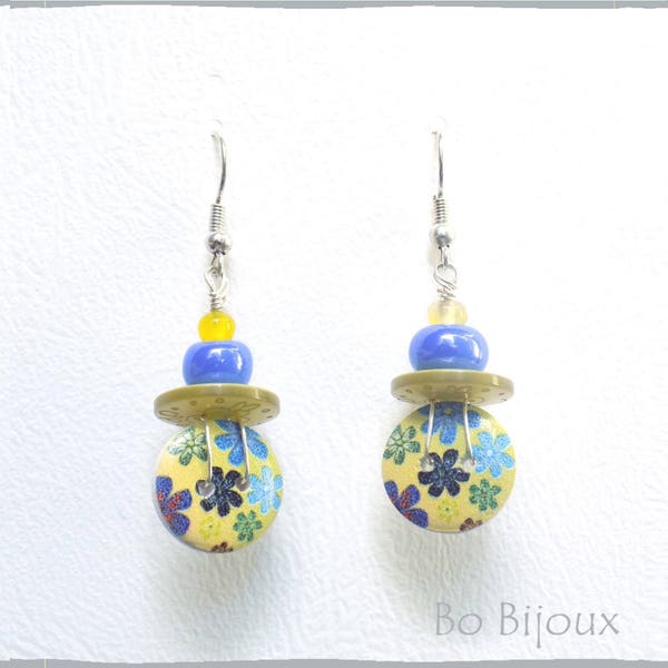 Boucles d'oreilles boutons liberty bleu jaune