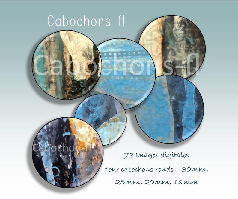 Images digitales à imprimer pour cabochons ronds bleu art abstrait image 1